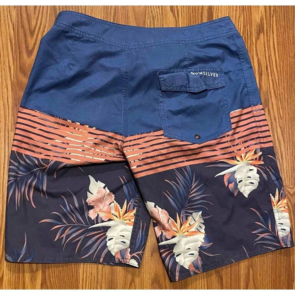 Quiksilver Board Shorts Mens 29 8" Floral Stripes Beach Swim Trunks Pocket - Picture 2 of 6